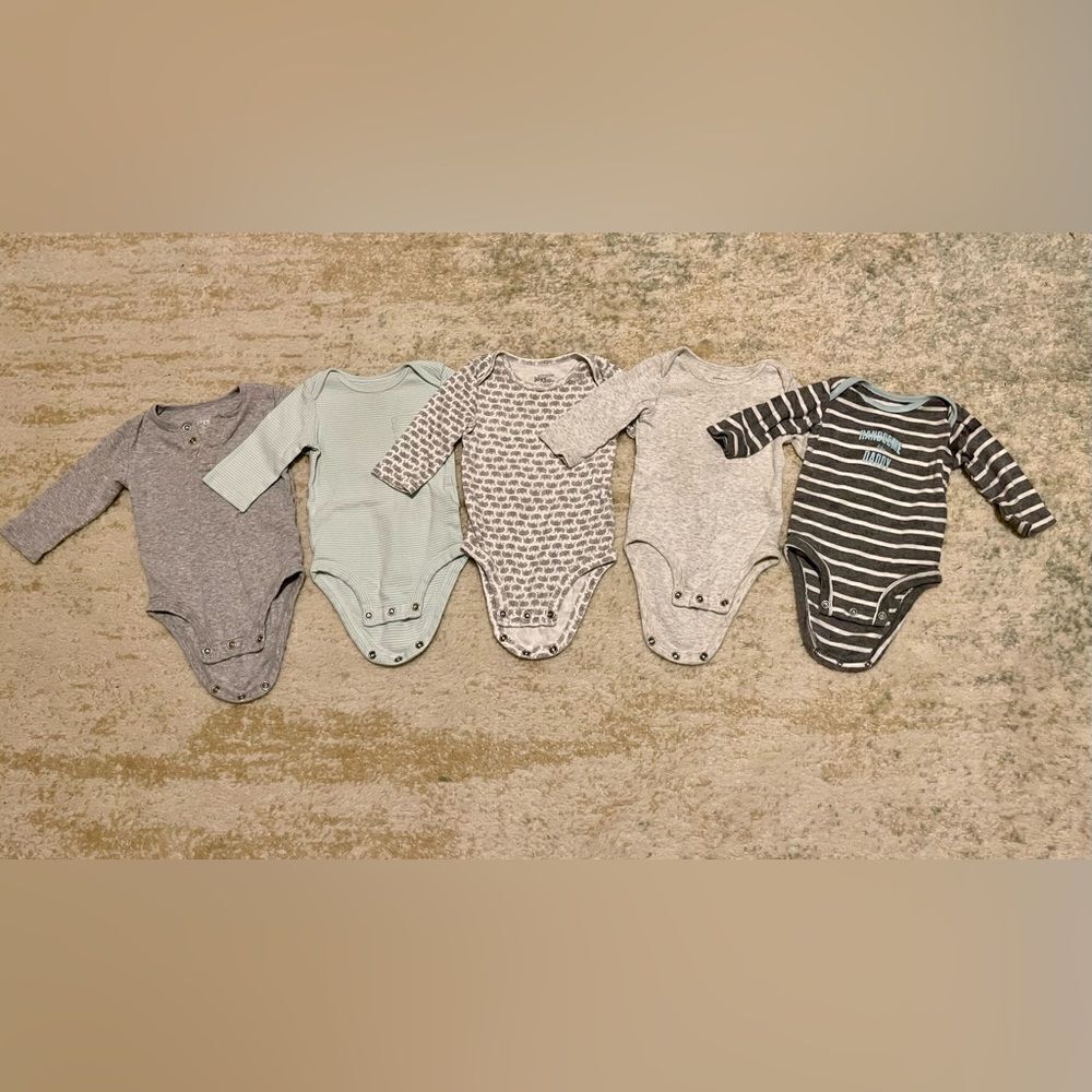 Bundle of five 0-3 month long sleeve shirt onesies